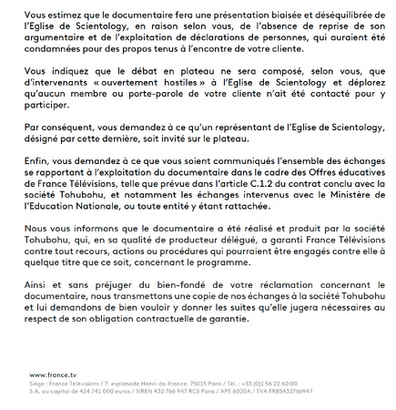 Extrait de la réponse de France Télévisions