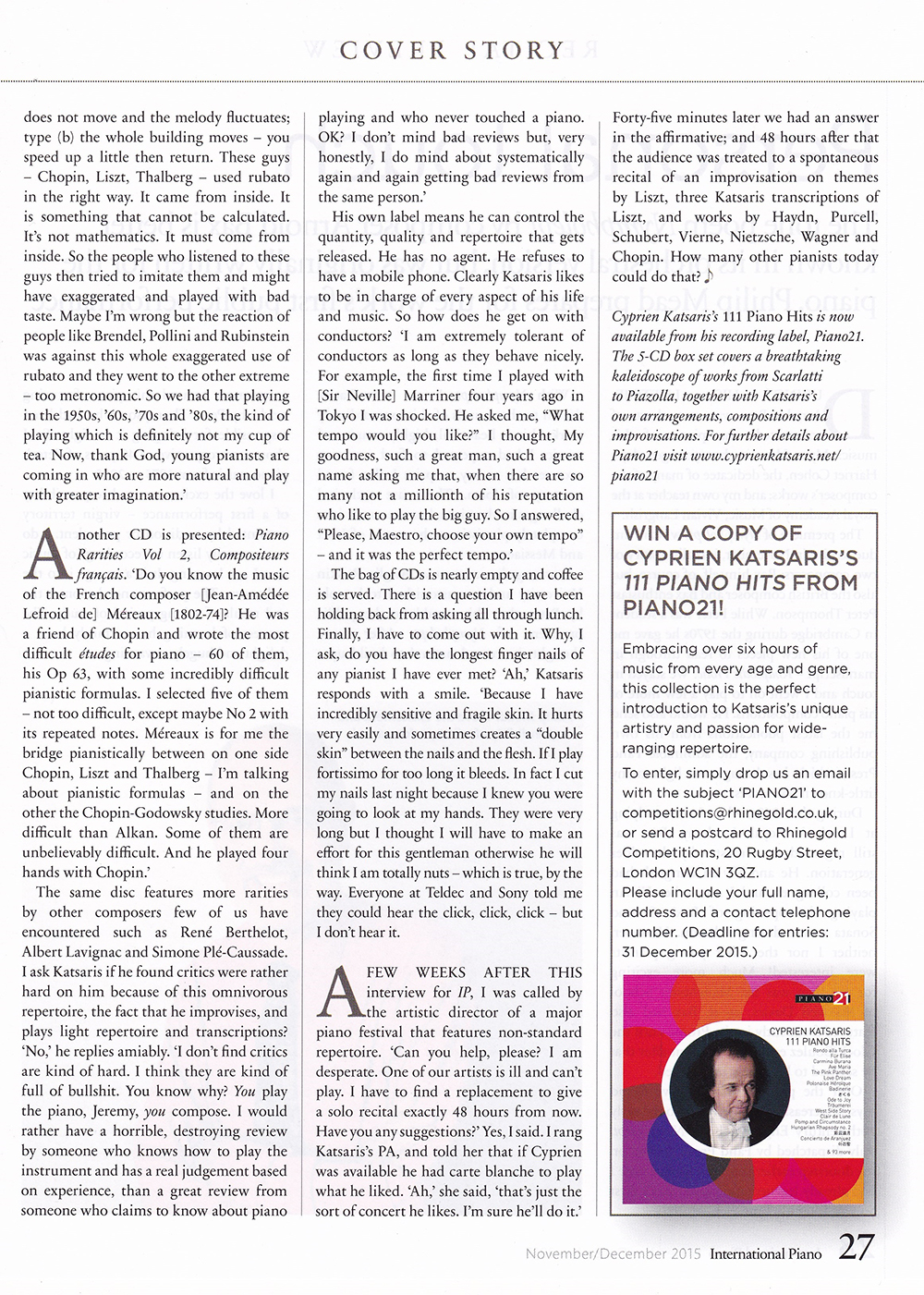 Cyprien Katsaris à la une de Piano International Cyprien Katsaris à la une de Piano International